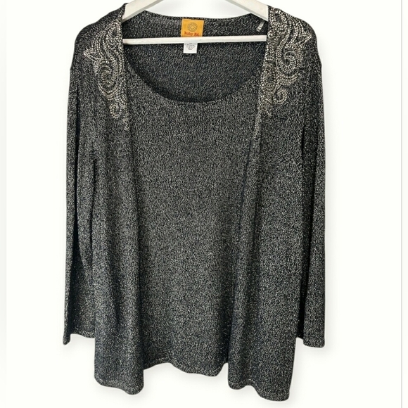 Ruby Rd. Sparkly Longsleeve Blouse One piece Cardigan Gold Sparkles Shimmer Gems - Picture 1 of 11